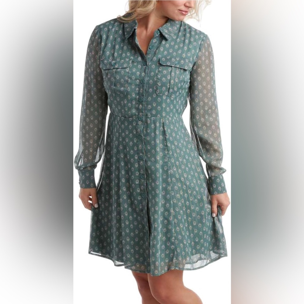 Lucky Brand Green Button Up Collared Dress Long Sleeve